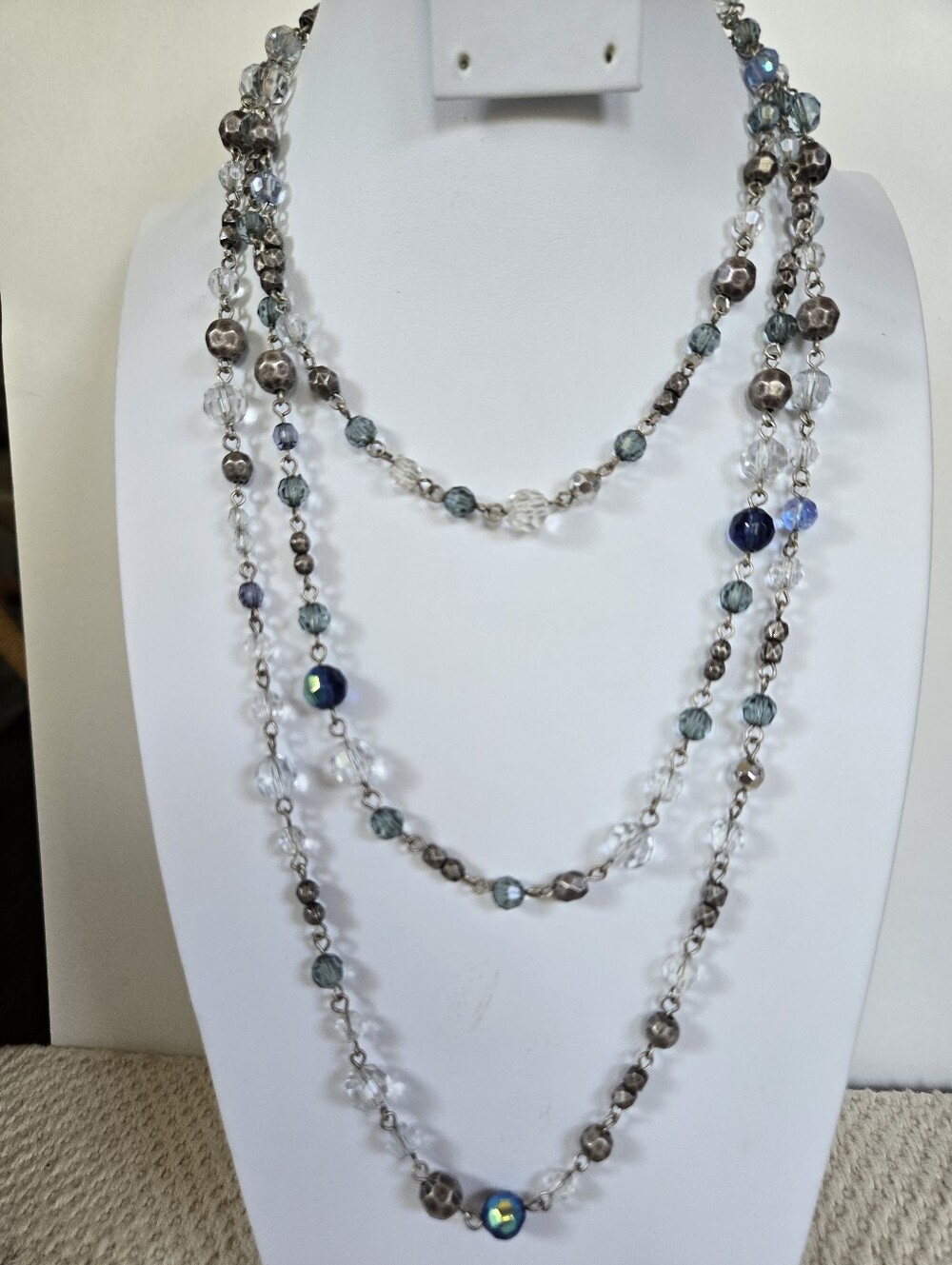 N-127-Premier Designs Multi-Strand Blue & Silver Faceted Beaded Necklace